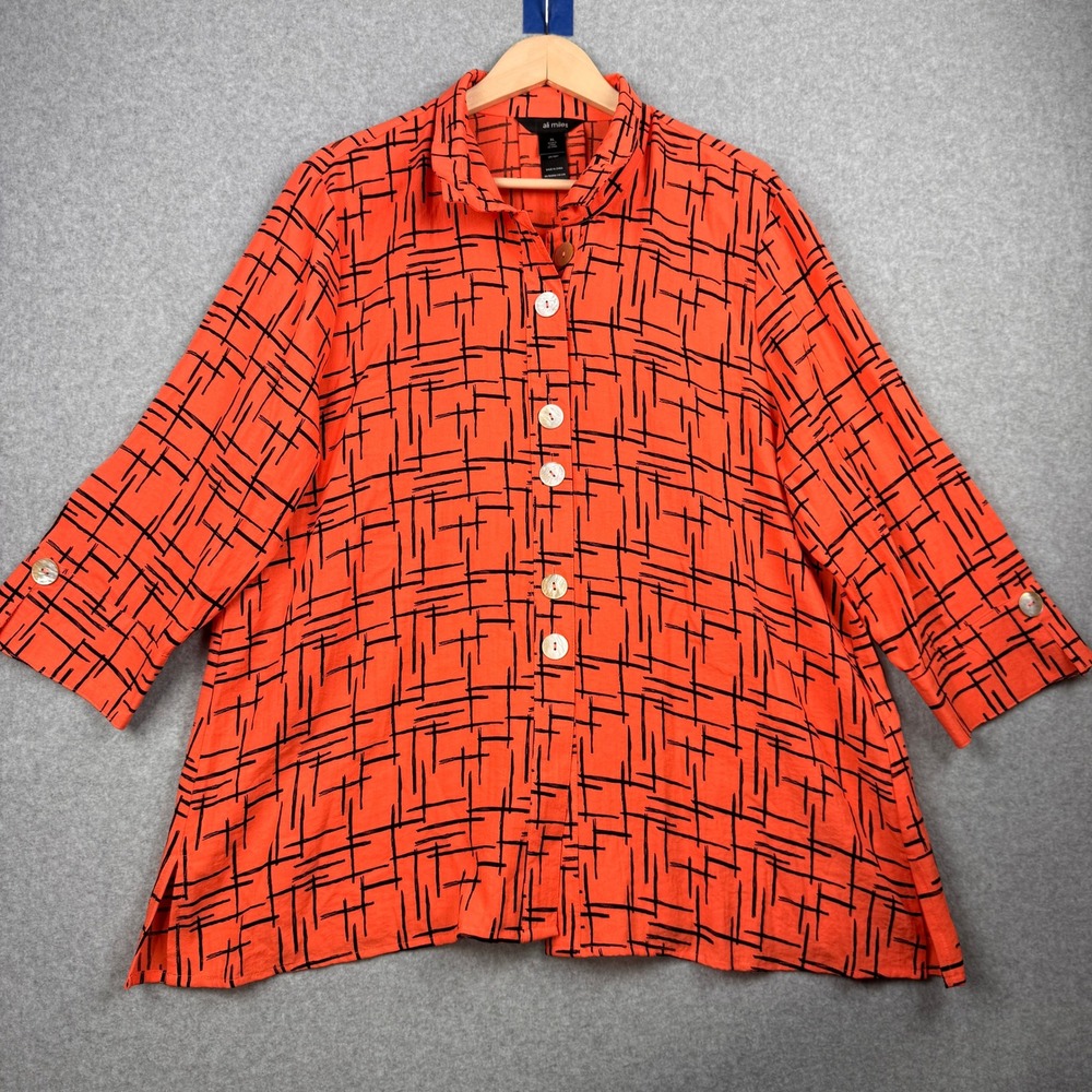 Ali Miles Top Womens XL Orange Black Abstract Grid Button Up Art to Wear Tunic